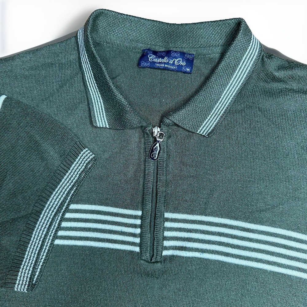 Castello d'Oro 1/4 Zip Polo Shirt Mens Medium Olive Green Knit Luxury Made Italy